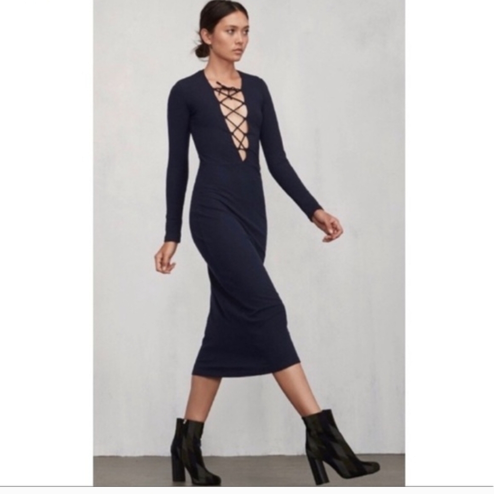 Reformation Black Lace-Up Maxi Dress XS Long Sleeve Minimalist Bodycon